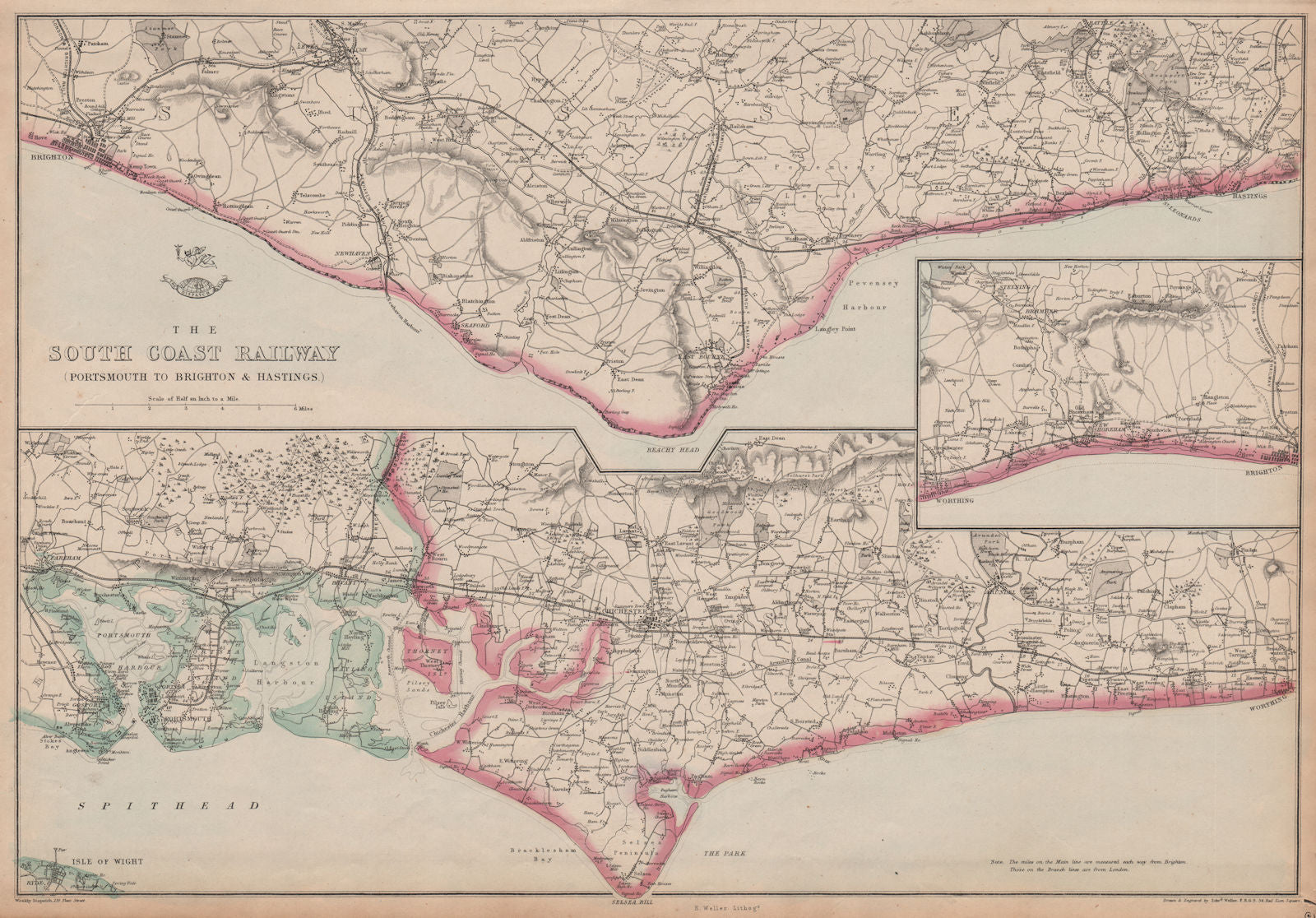 THE SOUTH COAST RAILWAY. Portsmouth to Brighton & Hastings. WELLER 1864 map